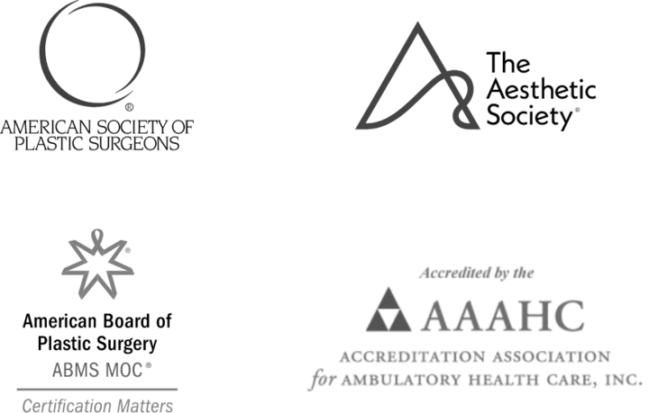 logos for the American Society of Plastic Surgeons, The Aesthetic Societ, American Board of Plastic Surgery, & Accreditation Association for Ambulatory Health Care, Inc.