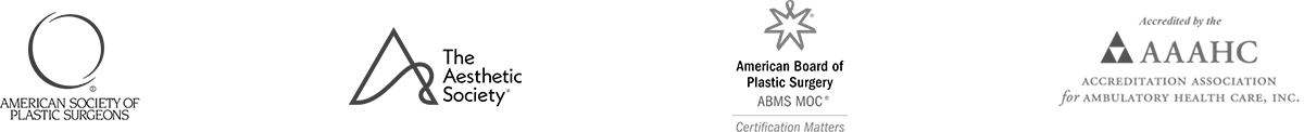 logos for the American Society of Plastic Surgeons, The Aesthetic Societ, American Board of Plastic Surgery, & Accreditation Association for Ambulatory Health Care, Inc.