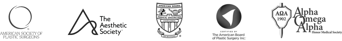 Logos for American Society of Plastic Surgeons, The Aesthetic Society, American Board of Medical Specialties, The American Board of Plastic Surgery Inc, and the Alpha Omega Alpha Honor Medical Society.