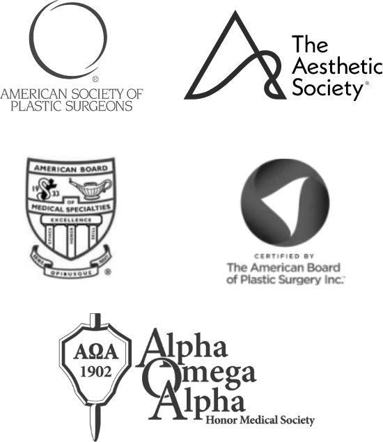 Logos for American Society of Plastic Surgeons, The Aesthetic Society, American Board of Medical Specialties, The American Board of Plastic Surgery Inc, and the Alpha Omega Alpha Honor Medical Society.