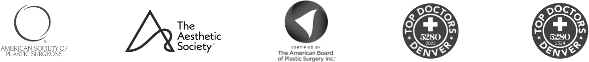 Logos for American Society of Plastic Surgeons, The Aesthetic Society, The American Board of Plastic Surgery Inc. and Top Doctors Denver