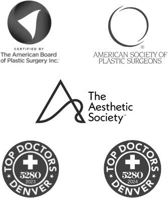 Logos for American Society of Plastic Surgeons, The Aesthetic Society, The American Board of Plastic Surgery Inc. and Top Doctors Denver