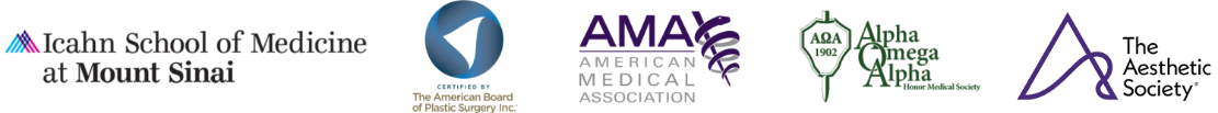 Logos for Icahn School of Medicine at Mount Sinai, The American Board of Plastic Surgery Inc, the Aesthetic Society, American Medical Association and Alpha Omega Alpha Honor Medical Society.