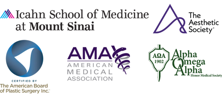 Logos for Icahn School of Medicine at Mount Sinai, The American Board of Plastic Surgery Inc, American Medical Association and Alpha Omega Alpha Honor Medical Society.