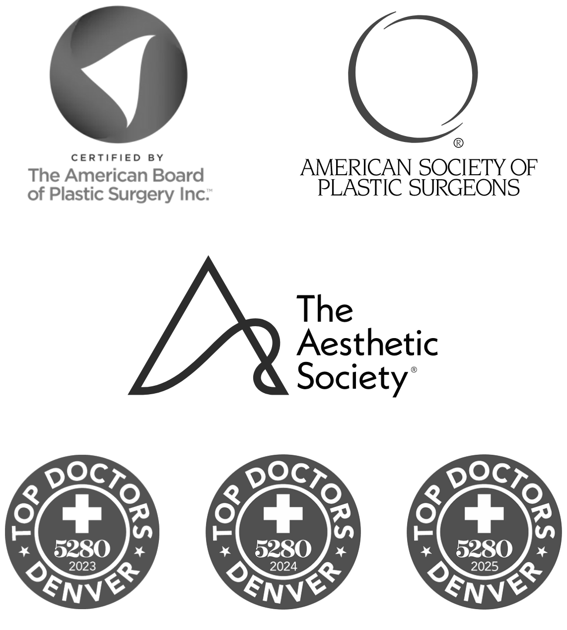 credential logos including American Society of Plastic Surgeons, The Aesthetic Society, The American Board of Plastic Surgery Inc., and Denver Top Doctors 5280 - 2023-2025