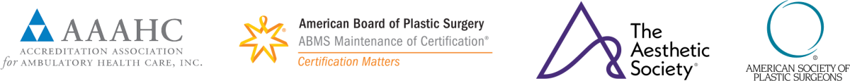 credential logos including Accreditation Association for Ambulatory Health Care, Inc., American Board of Plastic Surgery, The Aesthetic Society, & American Society of Plastic Surgeons