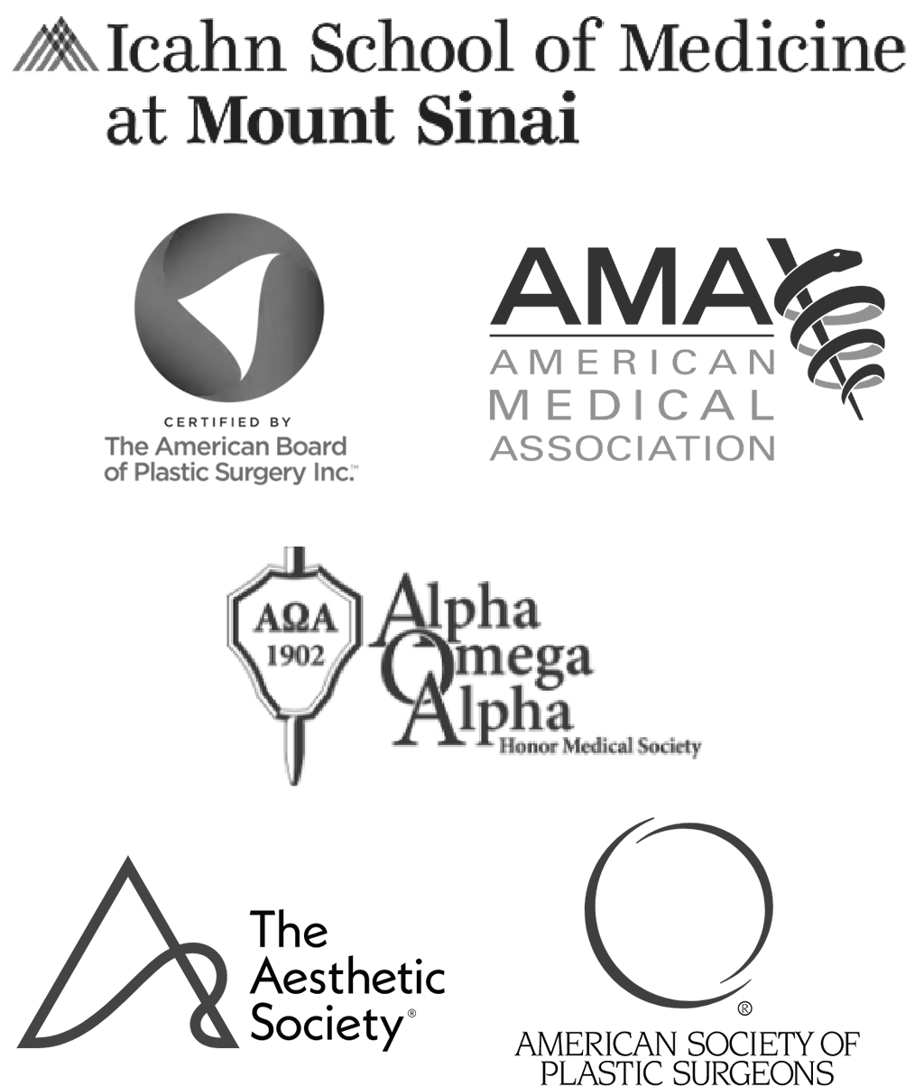 Logos for Icahn School of Medicine at Mount Sinai, The American Board of Plastic Surgery Inc, American Medical Association, Alpha Omega Alpha Honor Medical Society, and America Society of Plastic Surgeons
