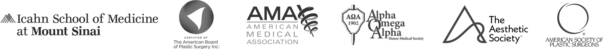 Logos for Icahn School of Medicine at Mount Sinai, The American Board of Plastic Surgery Inc, American Medical Association, Alpha Omega Alpha Honor Medical Society, and America Society of Plastic Surgeons